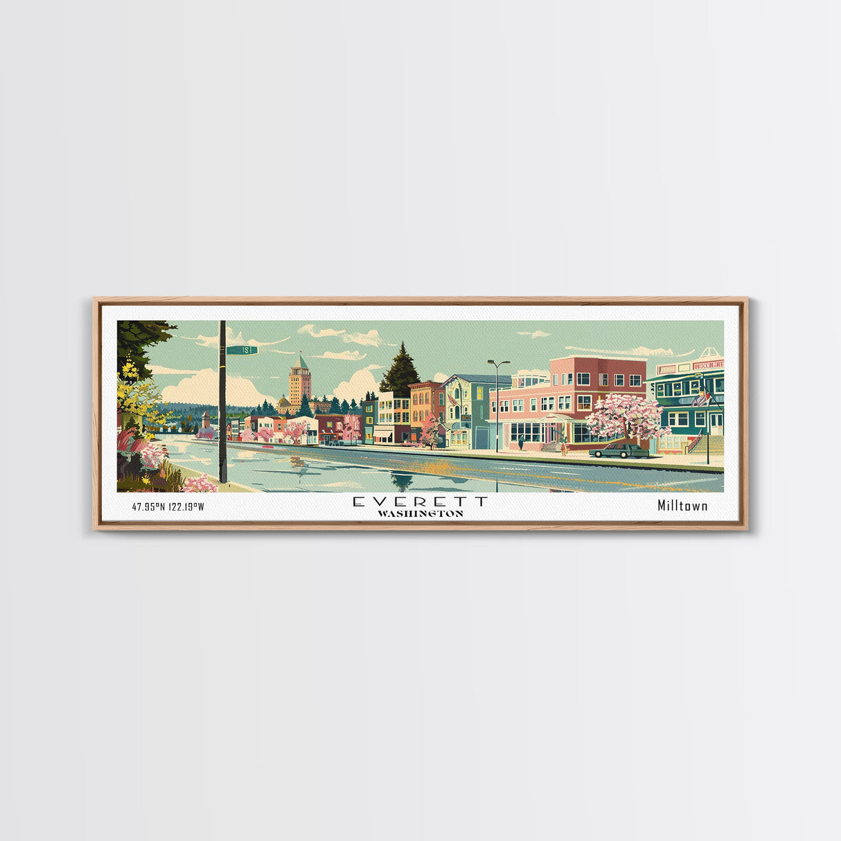 Everett Washington Panoramic Painting, Mid Century Modern Framed Canvas Print, Retro Pop Art Travel Poster, Home Wall Decor