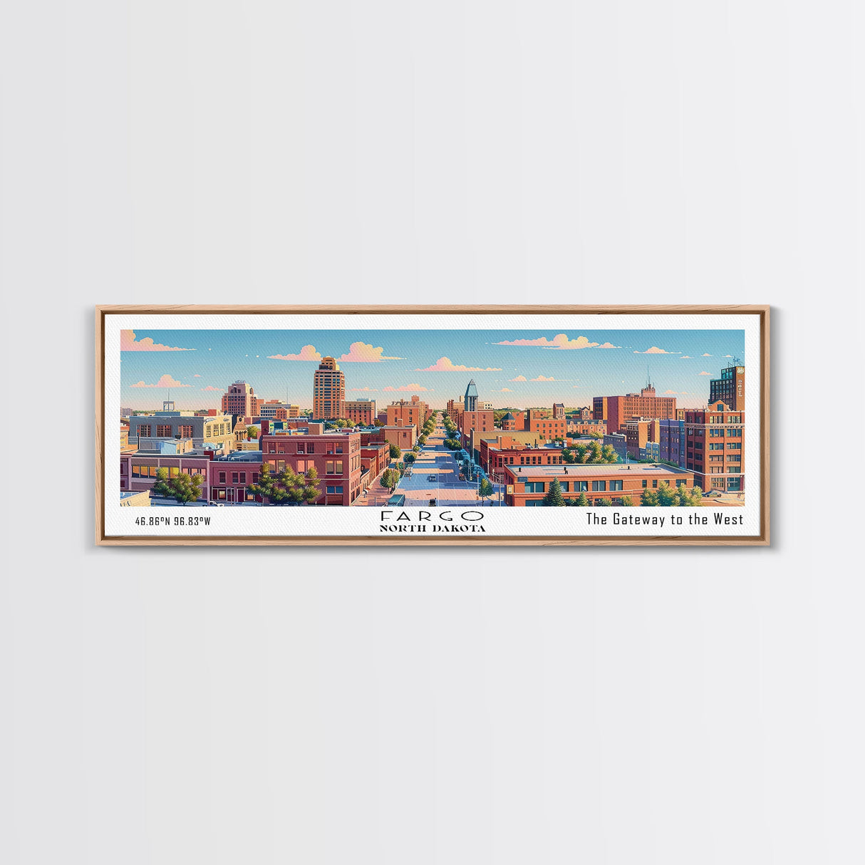 Fargo North Dakota Panoramic Painting, Mid Century Modern Framed Canvas Print, Retro Pop Art Travel Poster, City Wall Art