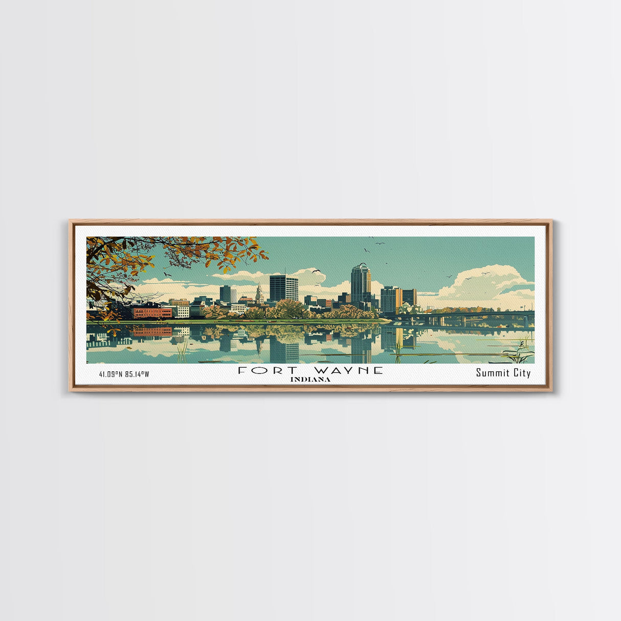 Fort Wayne Indiana Panoramic Art, Mid Century Modern Framed Canvas Print, Retro Pop Art Travel Poster, Home Wall Decor