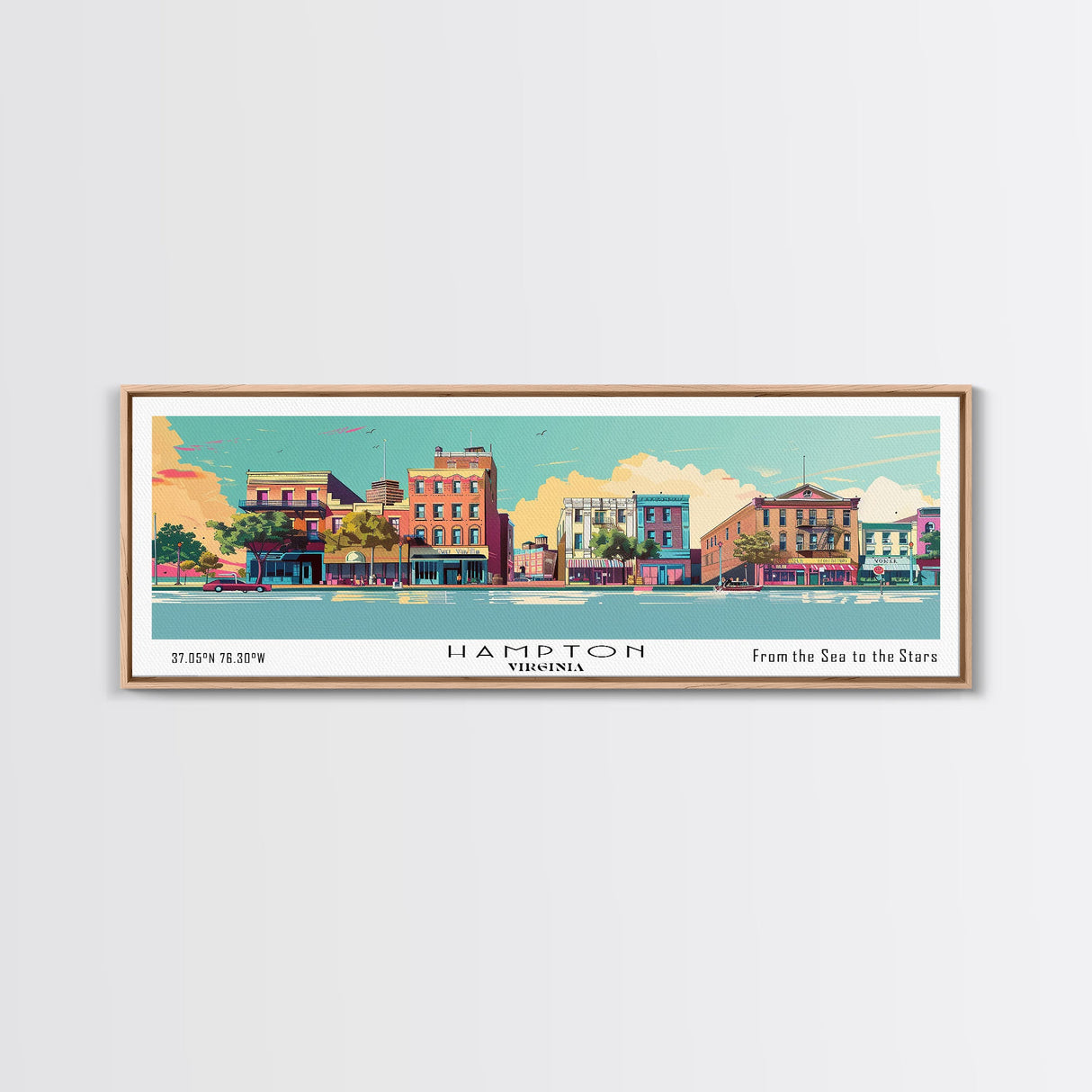 Hampton Virginia Panoramic Painting, Mid Century Modern Framed Canvas Print, Retro Pop Art Travel Poster, Office Wall Decor