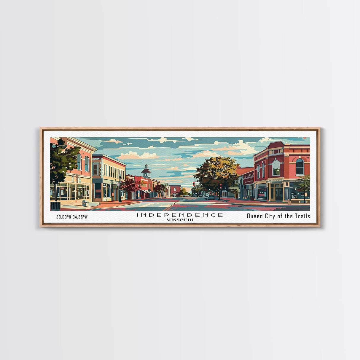 Independence Missouri Panoramic Painting, Mid Century Modern Framed Canvas Print, Retro Pop Art Travel Poster, Home Decor