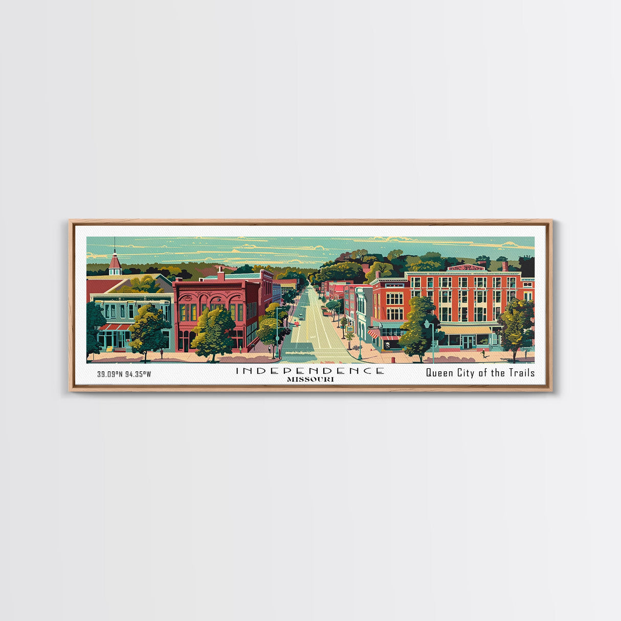 Independence Missouri Panoramic Painting, Mid Century Modern Framed Canvas Print, Retro Pop Art Travel Poster, Home Decor