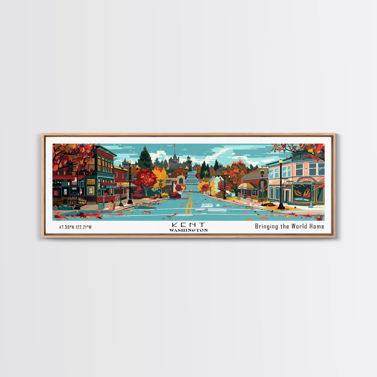 Kent Washington Panoramic Wall Art, Mid Century Modern Framed Canvas Print, Retro Pop Art Travel Poster, Home Wall Art