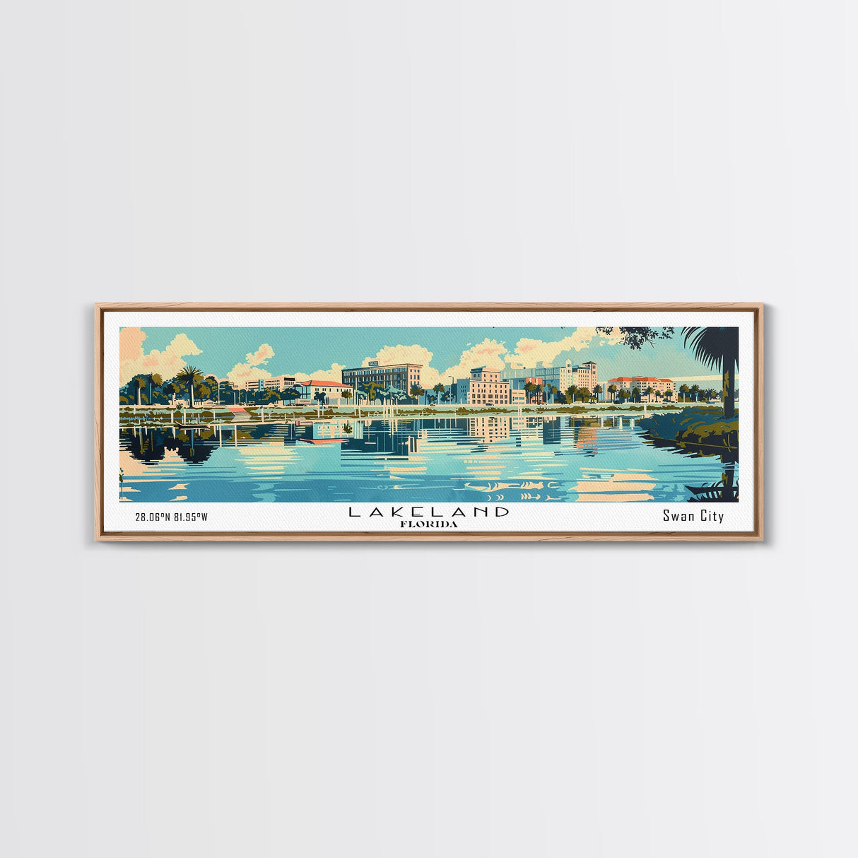 Lakeland Florida Panoramic Painting, Mid Century Modern Framed Canvas Print, Retro Pop Art Travel Poster, Home Wall Decor