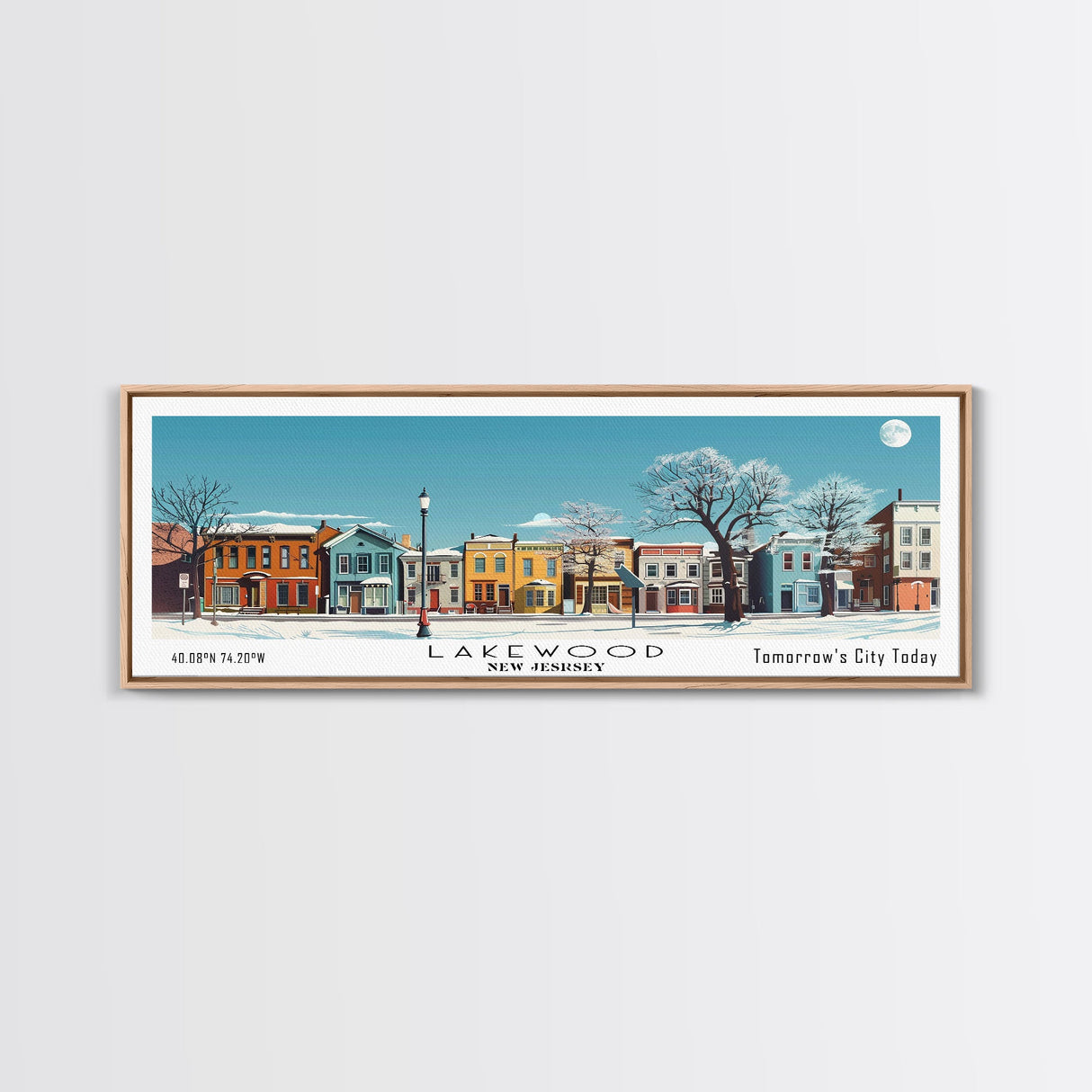 Lakewood New Jersey Panoramic Wall Art, Mid Century Modern Framed Canvas Print, Retro Pop Art Travel Poster, Living Room Art