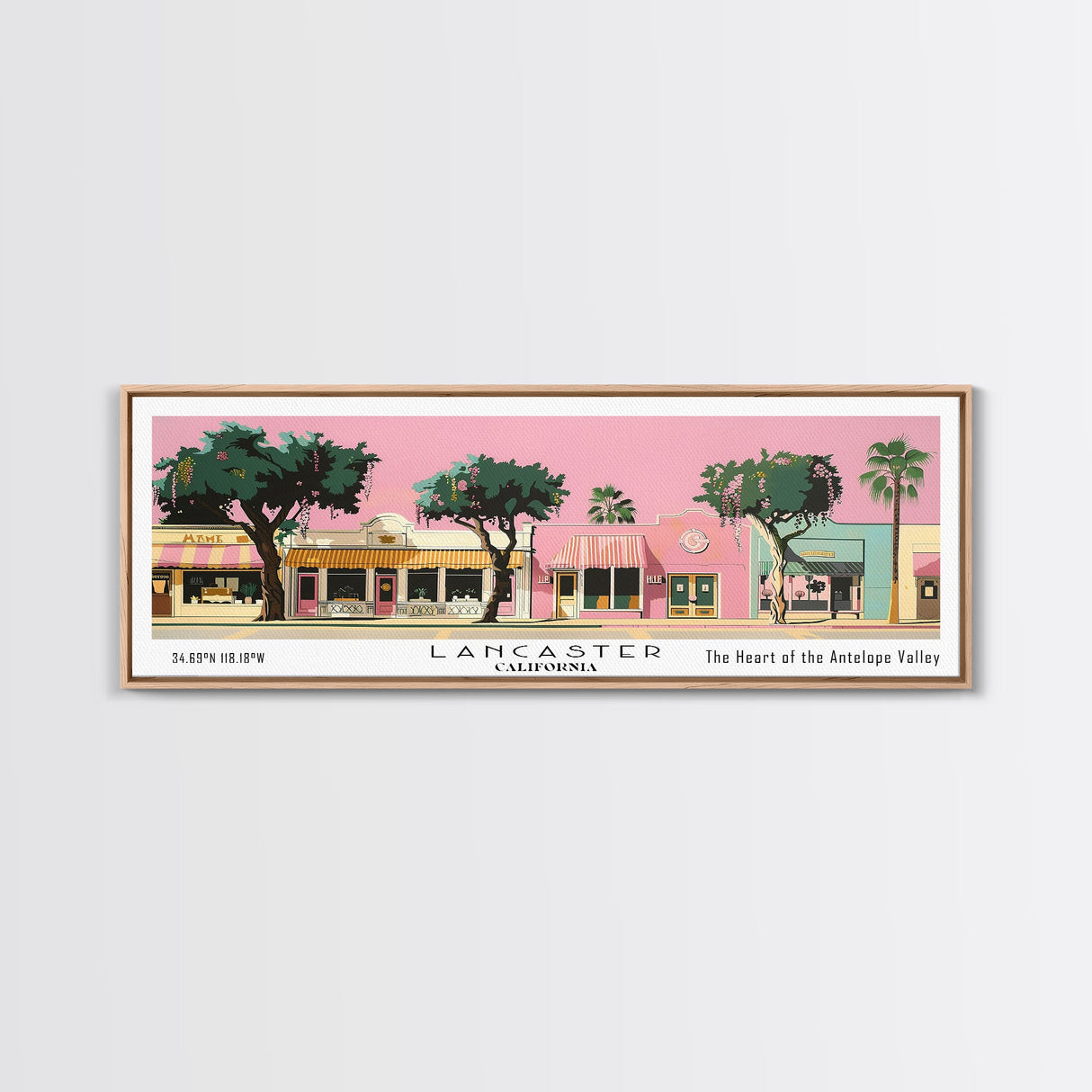 Lancaster California Panoramic Painting, Mid Century Modern Framed Canvas Print, Retro Pop Art Travel Poster, Home Decor