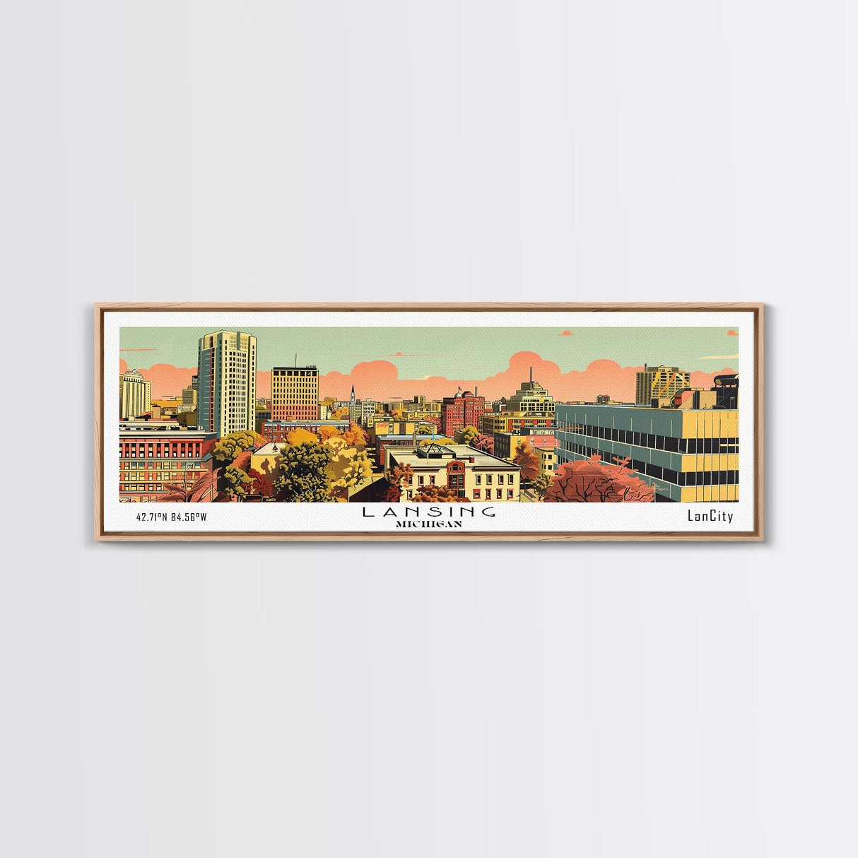 Lansing Michigan Panoramic Wall Art, Mid Century Modern Framed Canvas Print, Retro Pop Art Travel Poster, Living Room Decor