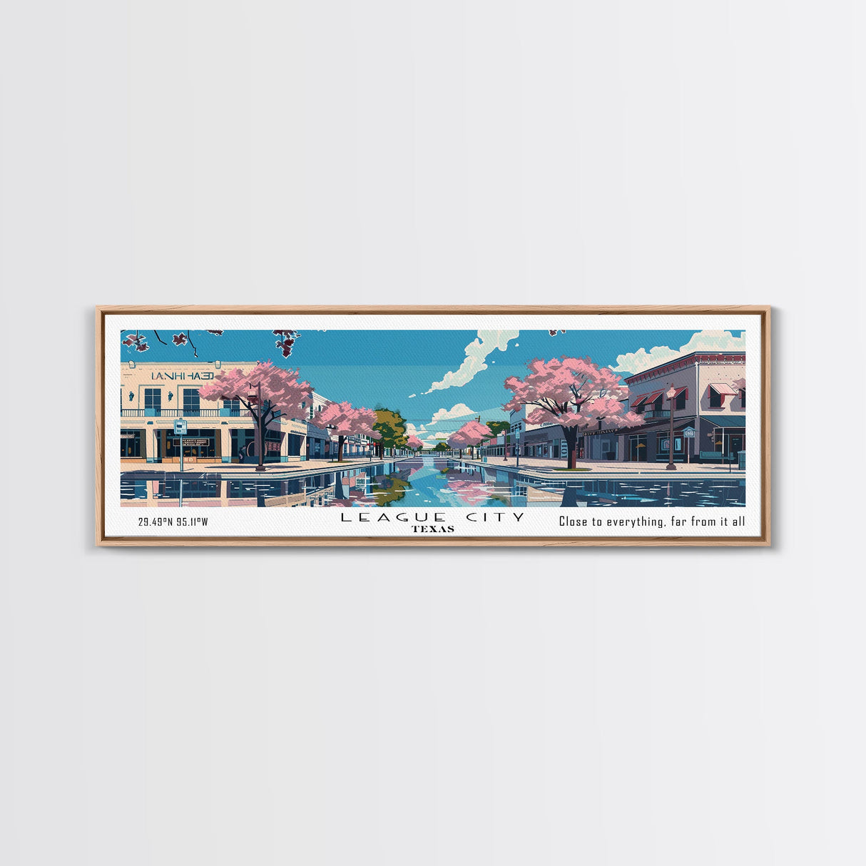 League City Texas Panoramic Painting, Mid Century Modern Framed Canvas Print, Retro Pop Art Travel Poster, Home Decor