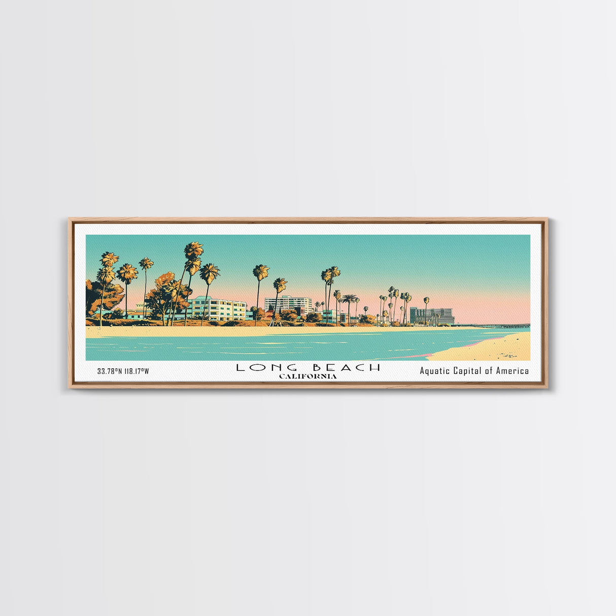 Long Beach California Panoramic Painting, Mid Century Modern Framed Canvas Print, Retro Pop Art Travel Poster, Office Decor