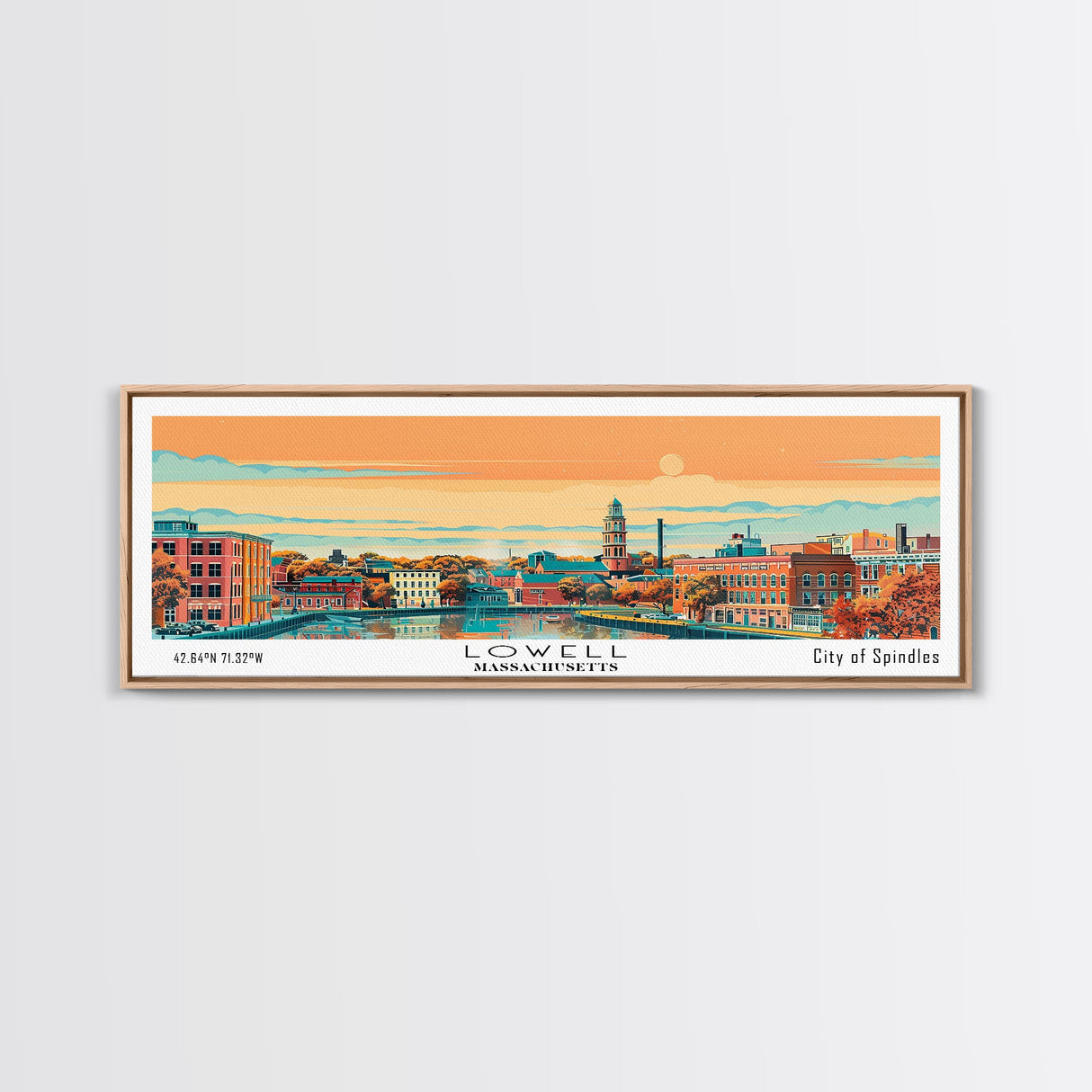 Lowell Mississippi Panoramic Painting, Mid Century Modern Framed Canvas Print, Retro Pop Art Travel Poster, Office Wall Art