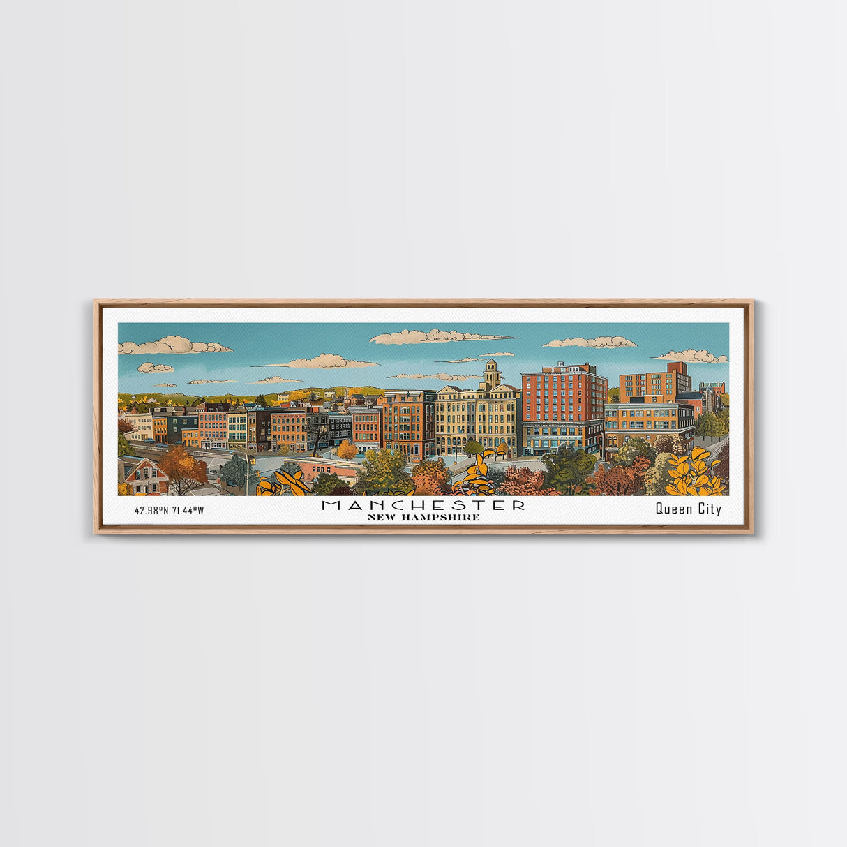 Manchester New Hampshire Panoramic Painting, Mid Century Modern Framed Canvas Print, Retro Pop Art Travel Poster, Living Room Decor