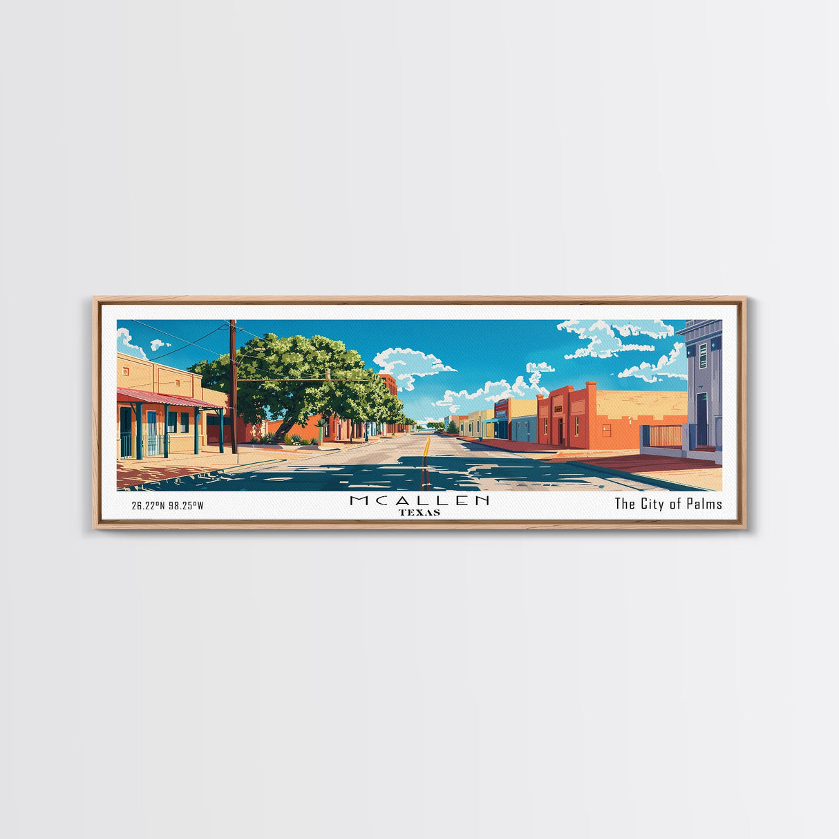 McAllen Texas Panoramic Wall Art, Mid Century Modern Framed Canvas Print, Retro Pop Art Travel Poster, Home Wall Art