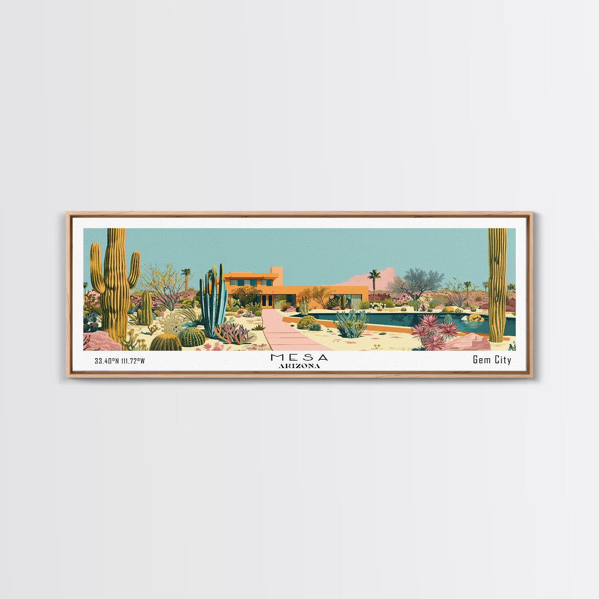 Mesa Arizona Panoramic Painting, Mid Century Modern Framed Canvas Print, Retro Pop Art Travel Poster, Office Wall Art