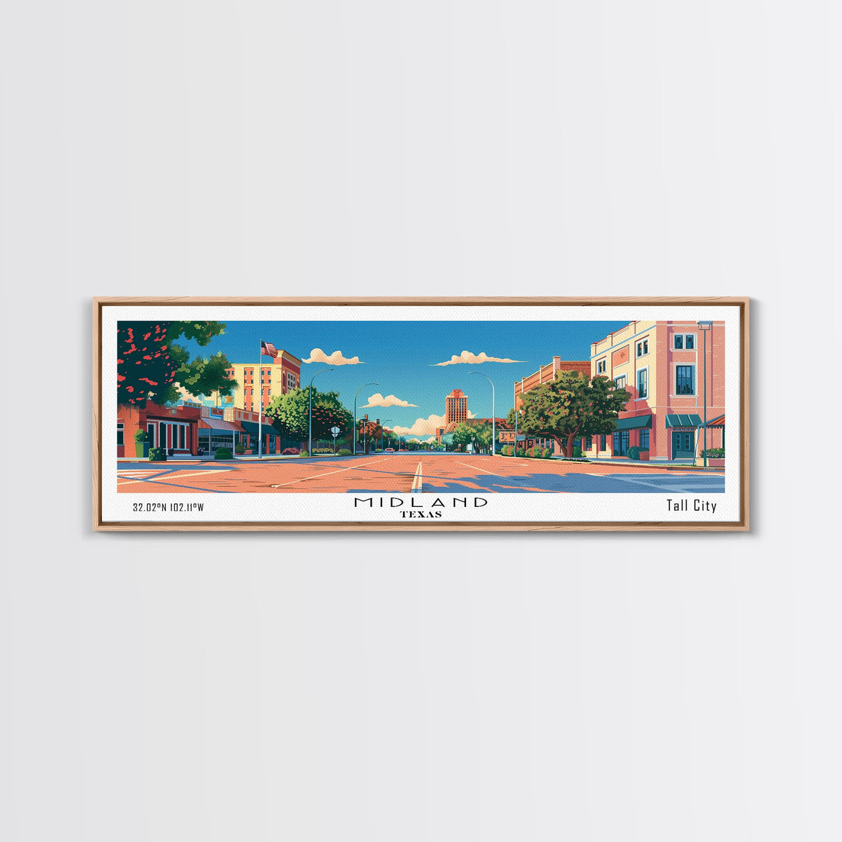 Midland Texas Panoramic Wall Art, Mid Century Modern Framed Canvas Print, Retro Pop Art Travel Poster, Living Room Art