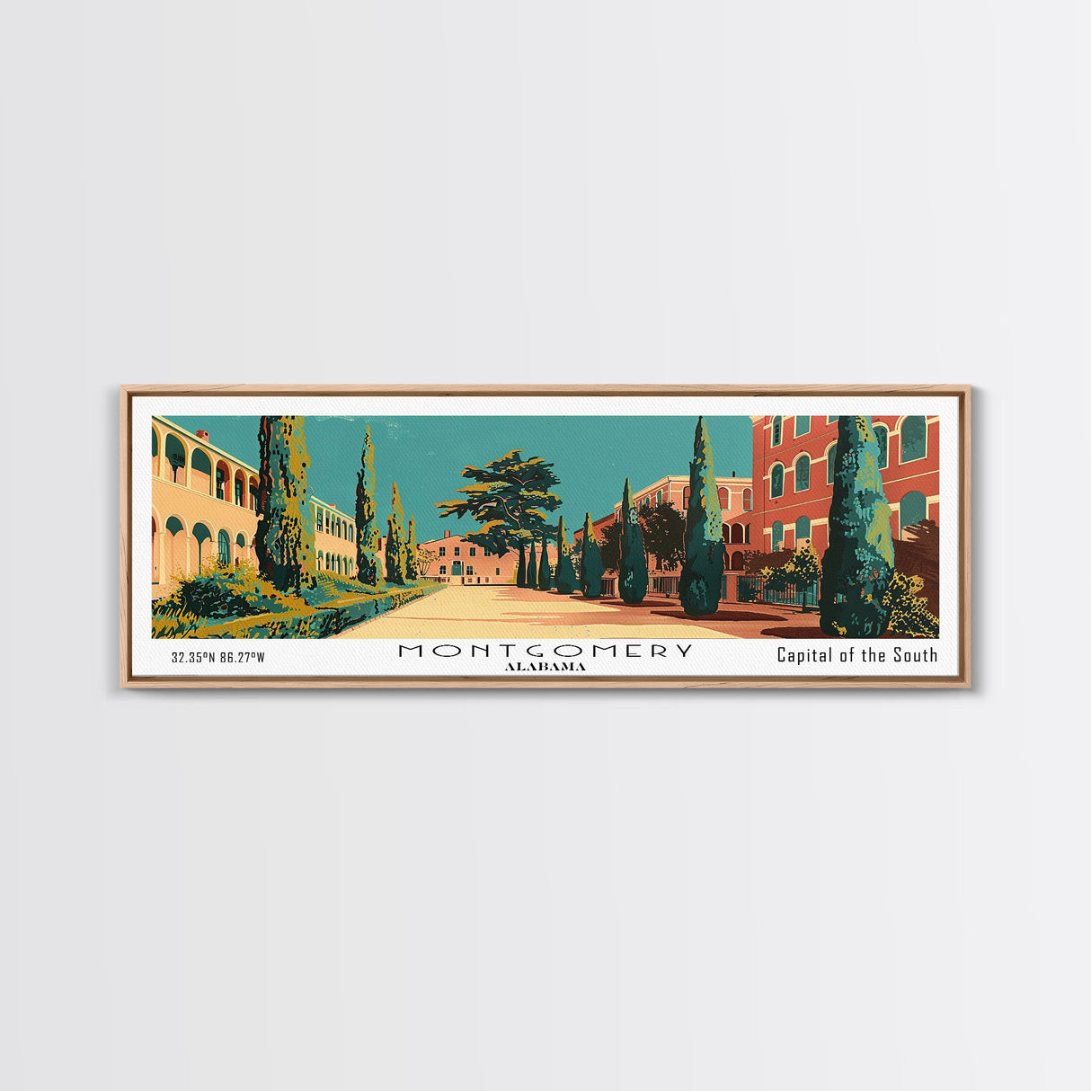 Montgomery Alabama Panoramic Wall Art, Mid Century Modern Framed Canvas Print, Retro Pop Art Travel Poster, Home Wall Art