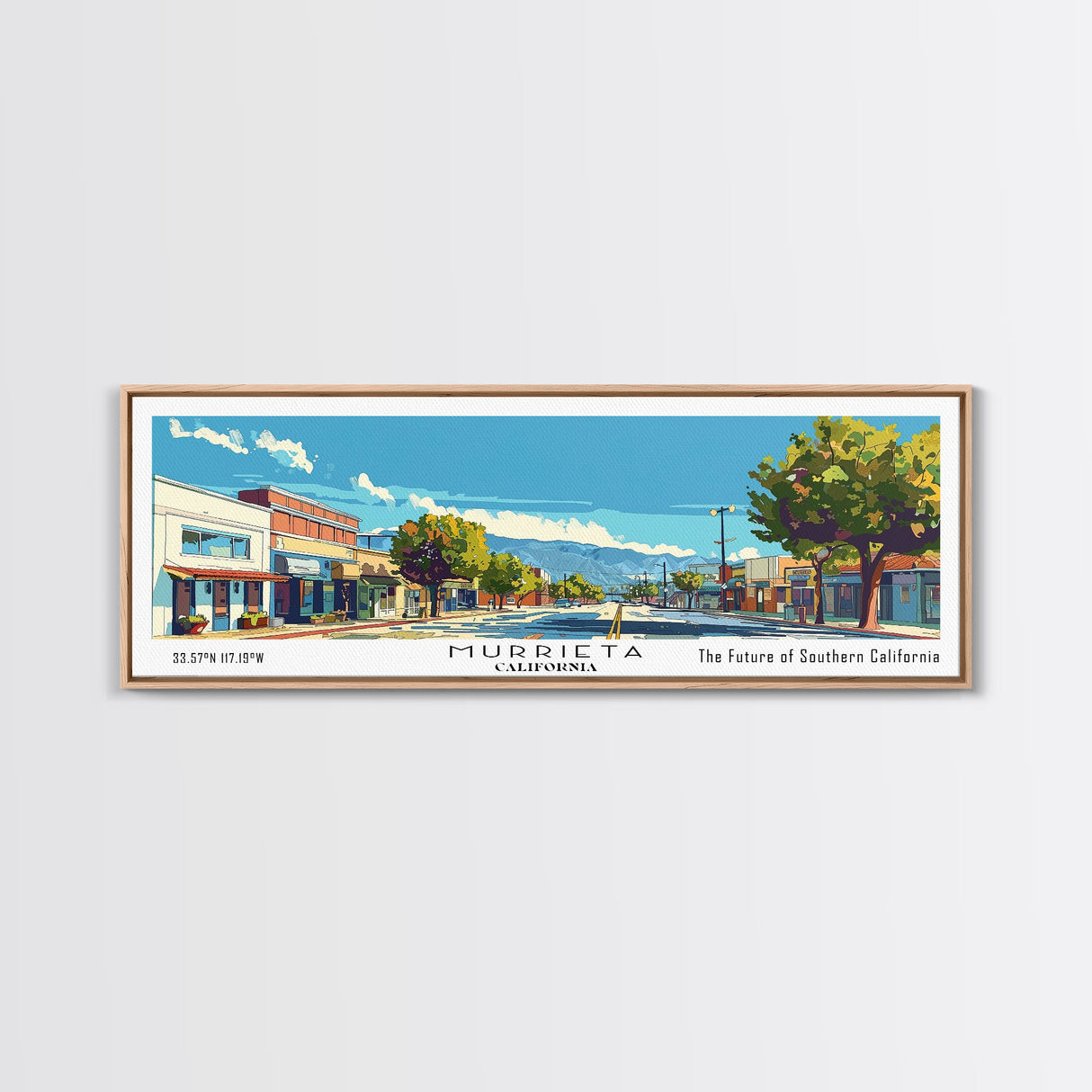 Murrieta California Panoramic Painting, Mid Century Modern Framed Canvas Print, Retro Pop Art Travel Poster, Living Room Decor