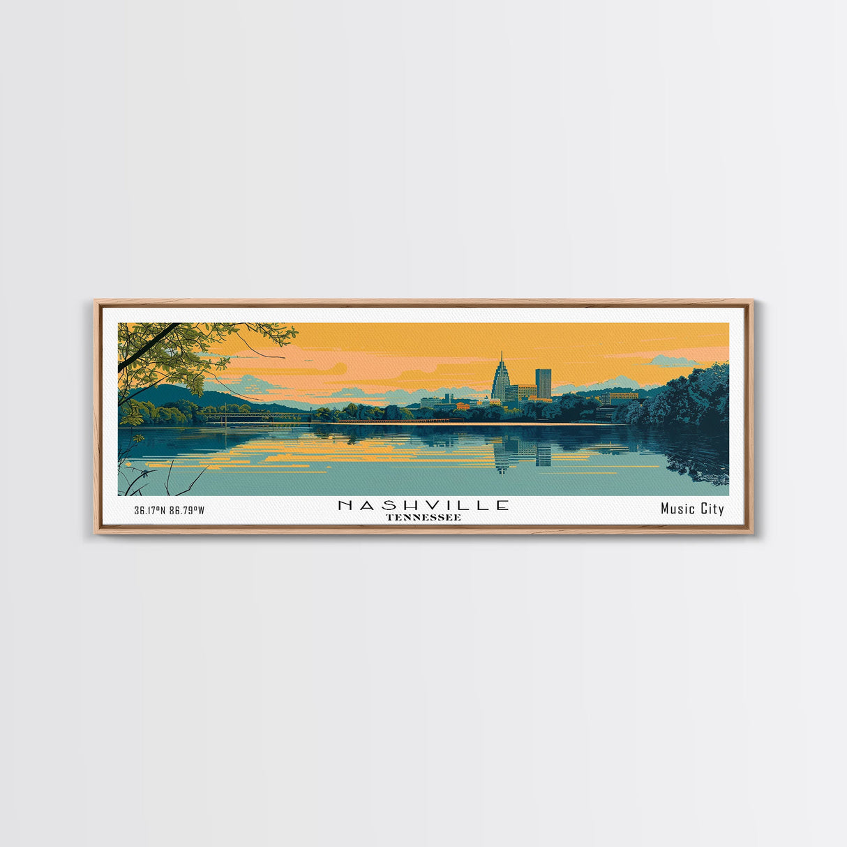 Nashville Tennessee Panoramic Painting, Mid Century Modern Framed Canvas Print, Retro Pop Art Travel Poster, Office Wall Art