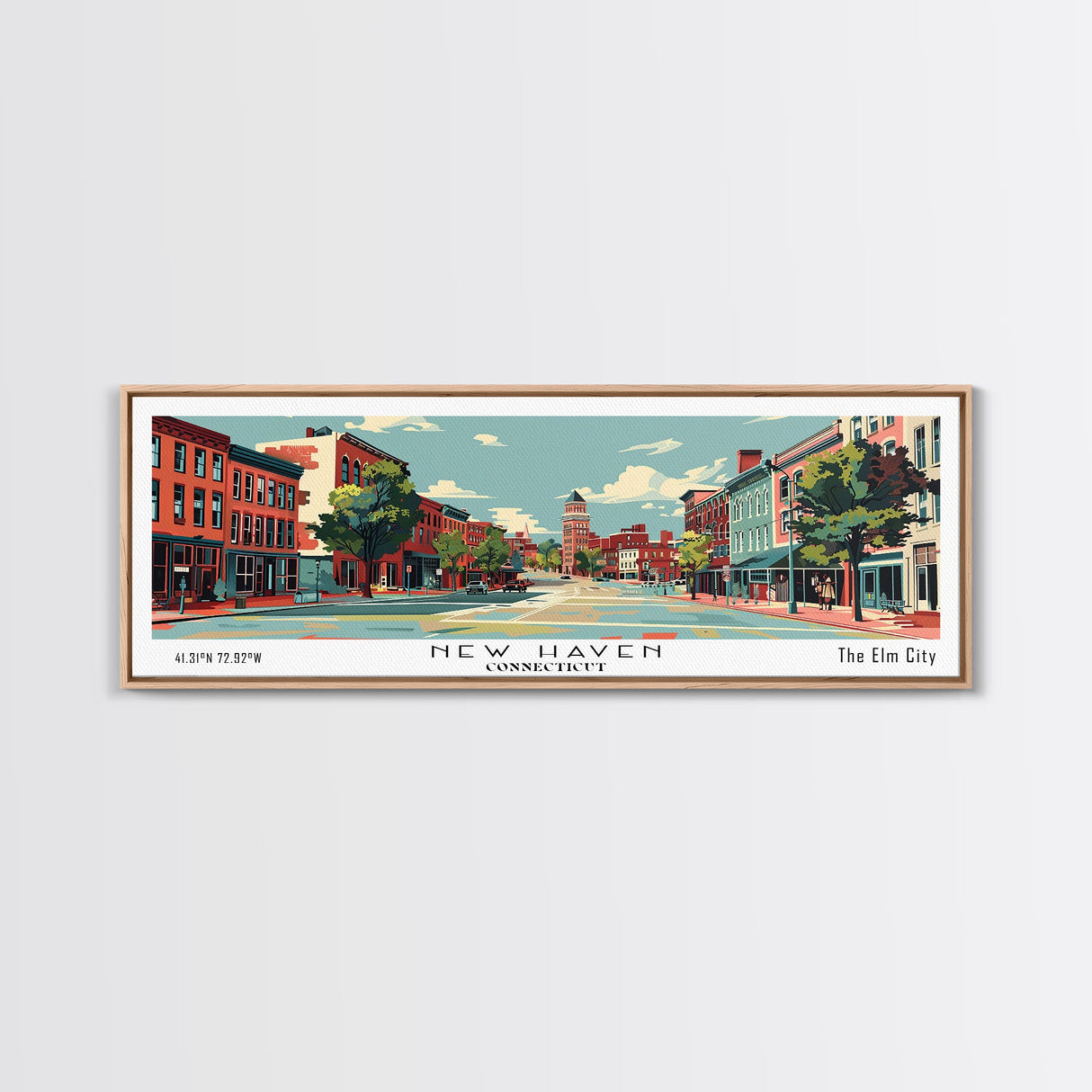 New Haven Connecticut Panoramic Wall Art, Mid Century Modern Framed Canvas Print, Retro Pop Art Travel Poster, Living Room Art