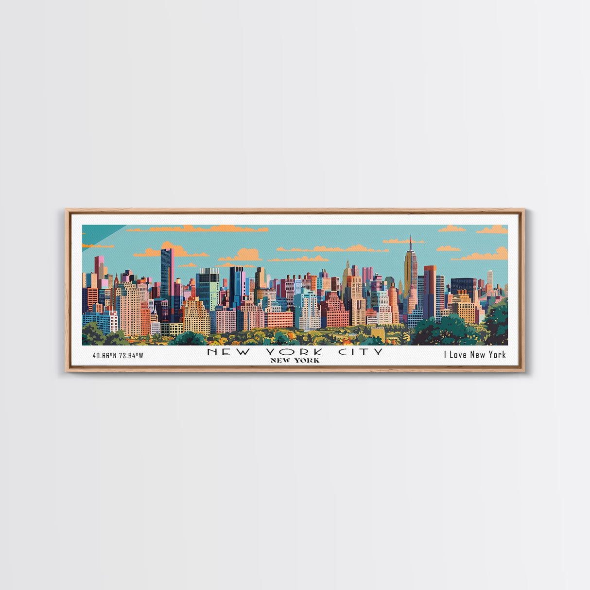 New York New York Panoramic Painting, Mid Century Modern Framed Canvas Print, Retro Pop Art Travel Poster, City Art, Office Wall Decor, Living Room Art