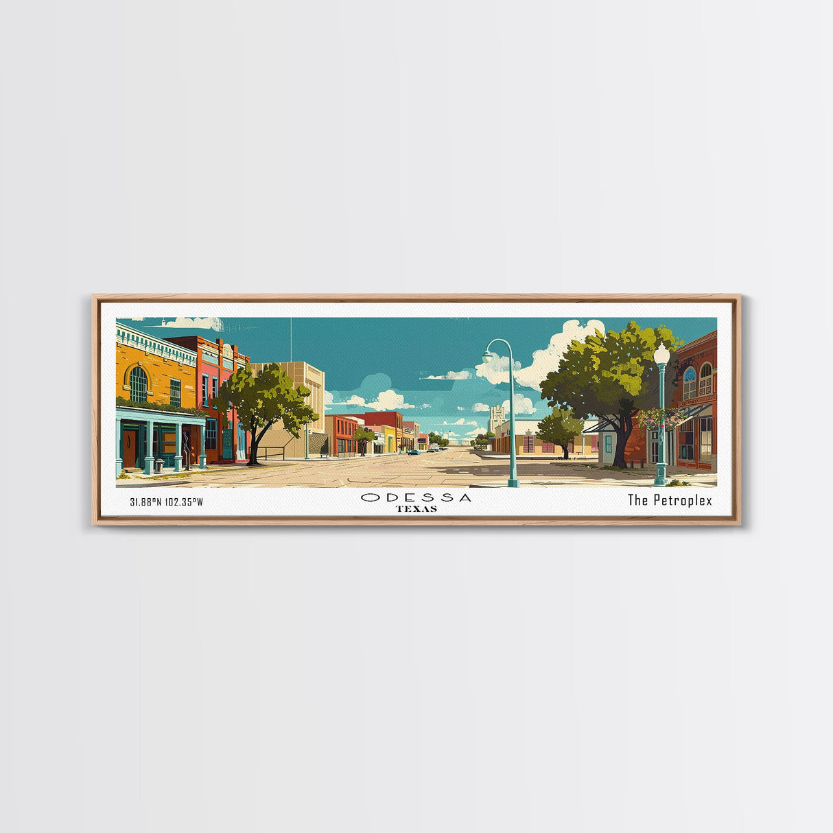 Odessa Texas Panoramic Wall Art, Mid Century Modern Framed Canvas Print, Retro Pop Art Travel Poster, City Art, Office Wall Decor, Living Room Art