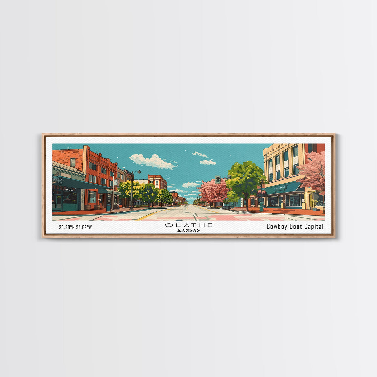 Olathe Kansas Panoramic Wall Art, Mid Century Modern Framed Canvas Print, Retro Pop Art Travel Poster, City Art, Office Wall Decor, Living Room Art