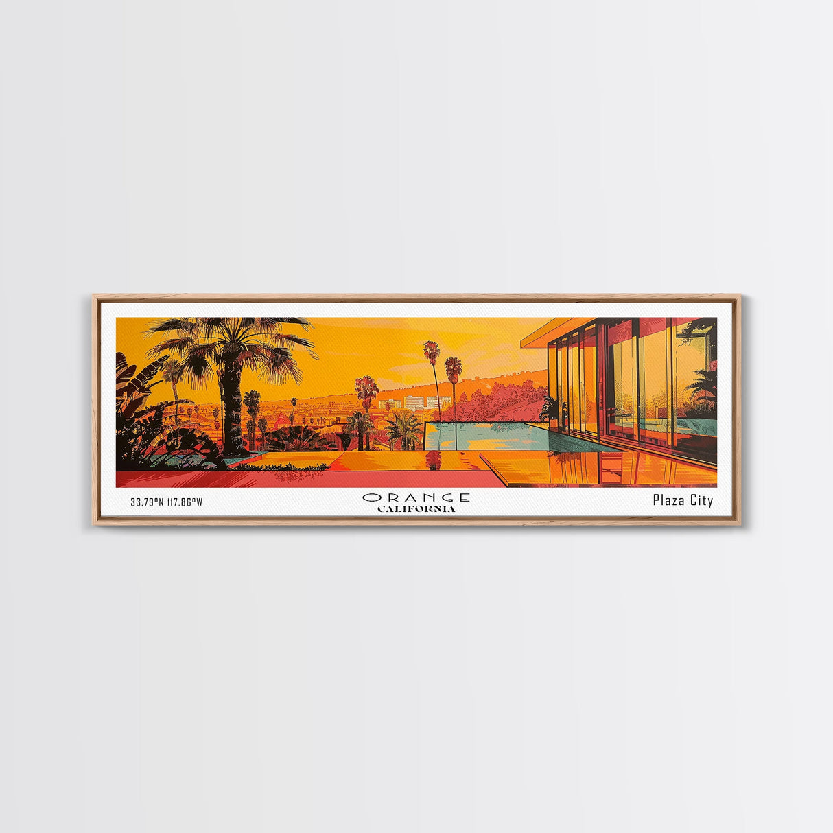 Orange California Panoramic Painting, Mid Century Modern Framed Canvas Print, Retro Pop Art Travel Poster, City Art, Office Wall Decor, Living Room Art