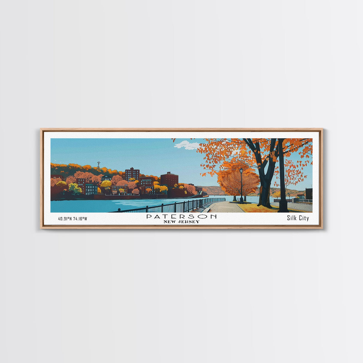 Paterson New Jersey Panoramic Wall Art, Mid Century Modern Framed Canvas Print, Retro Pop Art Travel Poster, City Art, Office Wall Decor, Living Room Art