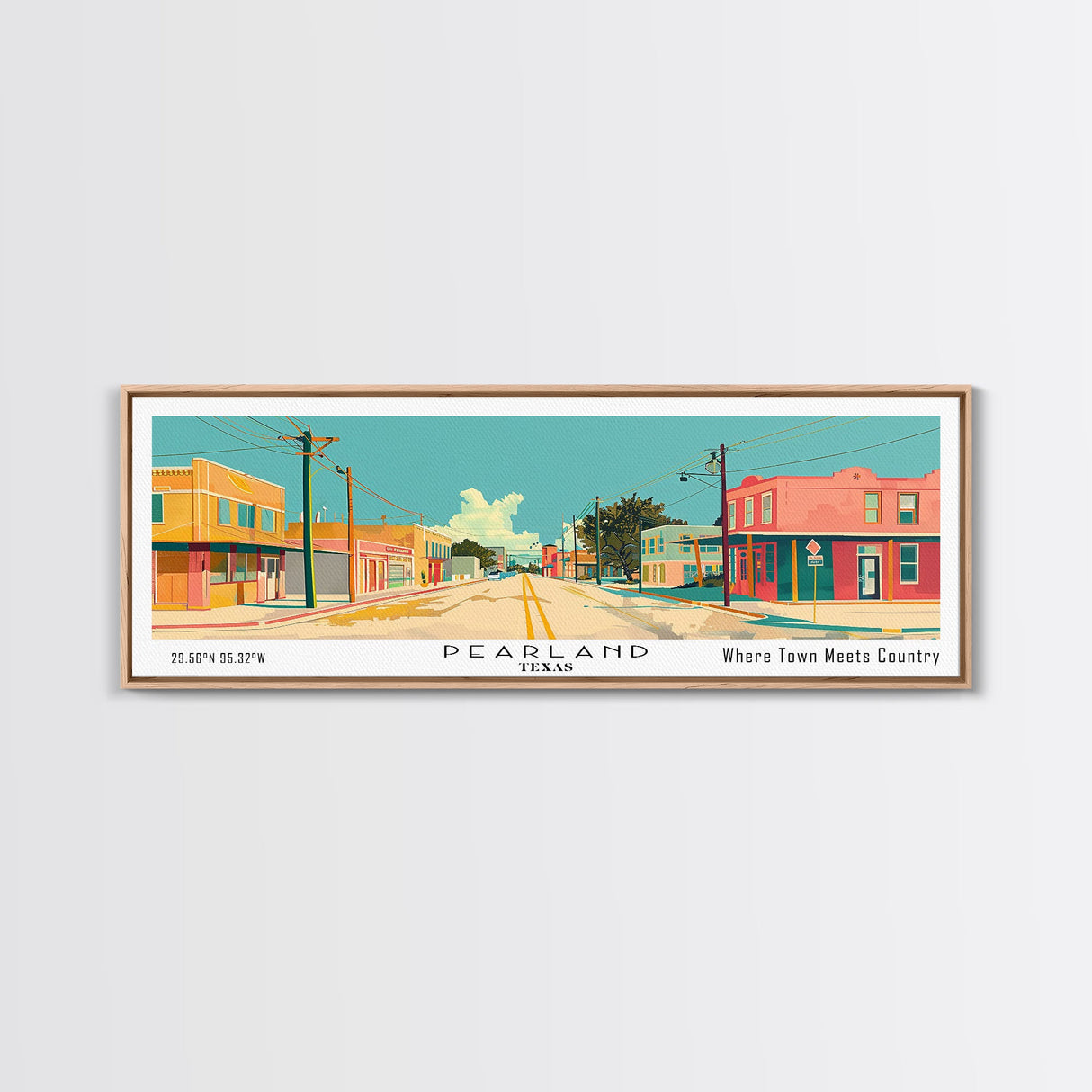 Pearland Texas Panoramic Painting, Mid Century Modern Framed Canvas Print, Retro Pop Art Travel Poster, City Art, Office Wall Decor, Living Room Art