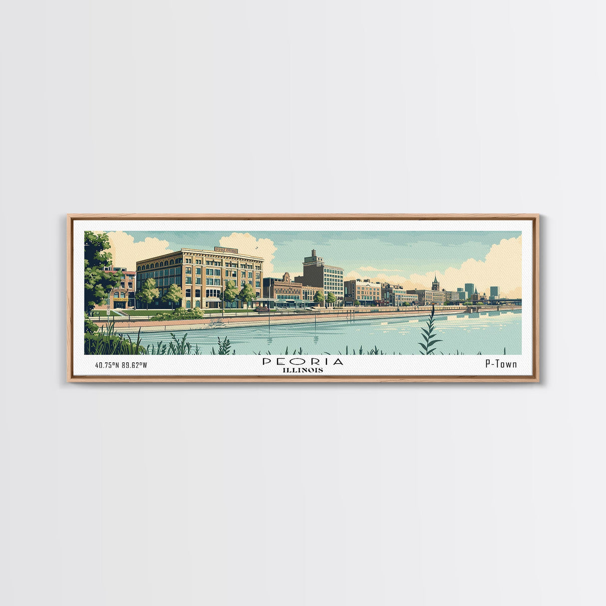 Peoria Illinois Panoramic Painting, Mid Century Modern Framed Canvas Print, Retro Pop Art Travel Poster, City Art, Office Wall Decor, Living Room Art