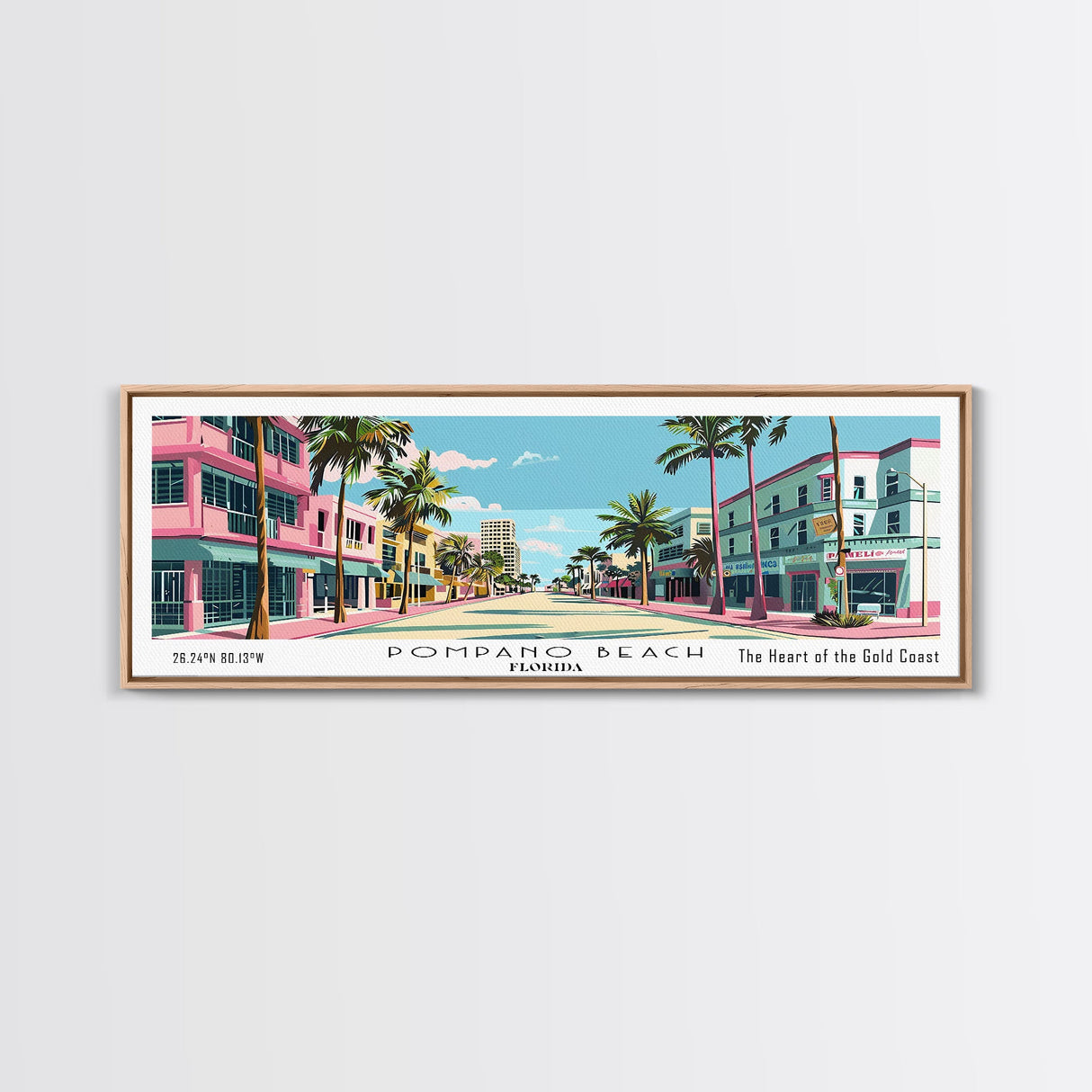 Pompano Beach Florida Panoramic Painting, Mid Century Modern Framed Canvas Print, Retro Pop Art Travel Poster, City Art, Office Wall Decor, Living Room Art