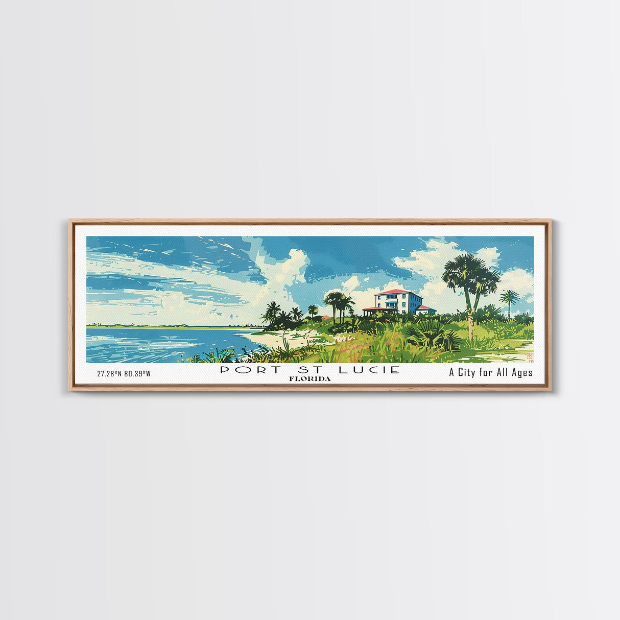 Port St. Lucie Florida Panoramic Painting, Mid Century Modern Framed Canvas Print, Retro Pop Art Travel Poster, City Art, Office Wall Decor, Living Room Art