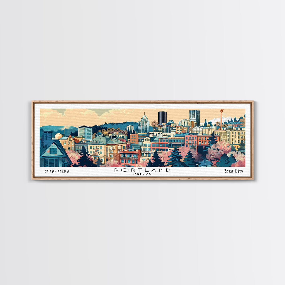 Portland Oregon Panoramic Wall Art, Mid Century Modern Framed Canvas Print, Retro Pop Art Travel Poster, City Art, Office Wall Decor, Living Room Art