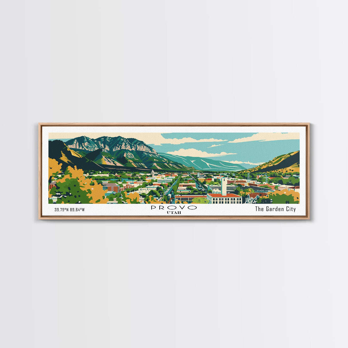 Provo Utah Panoramic Painting, Mid Century Modern Framed Canvas Print, Retro Pop Art Travel Poster, City Art, Office Wall Decor, Living Room Art