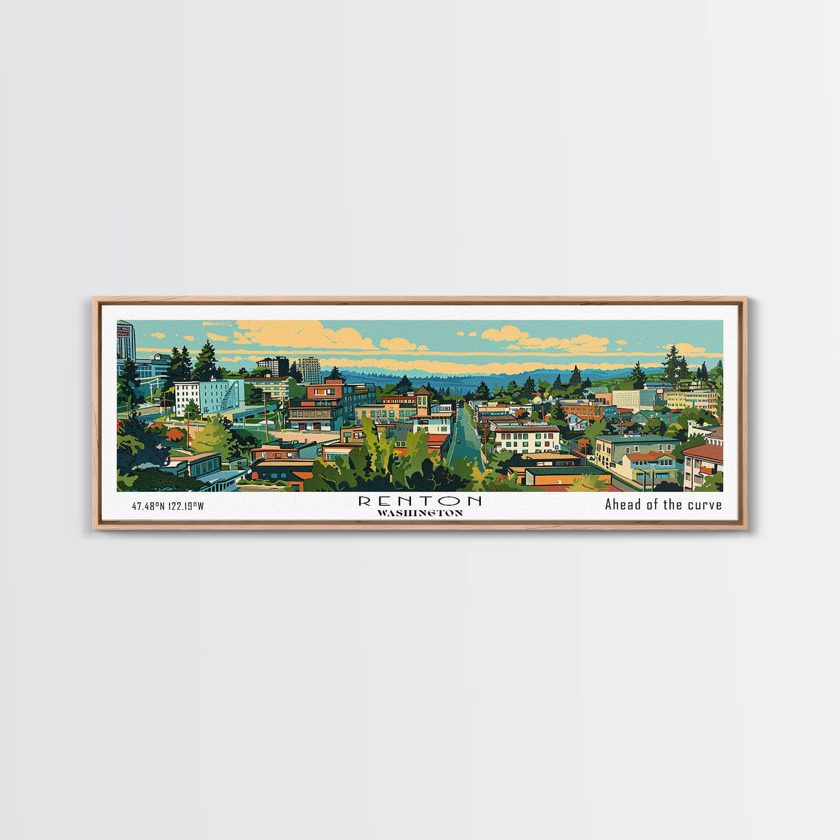 Renton Washington Panoramic Wall Art, Mid Century Modern Framed Canvas Print, Retro Pop Art Travel Poster, City Art, Office Wall Decor, Living Room Art