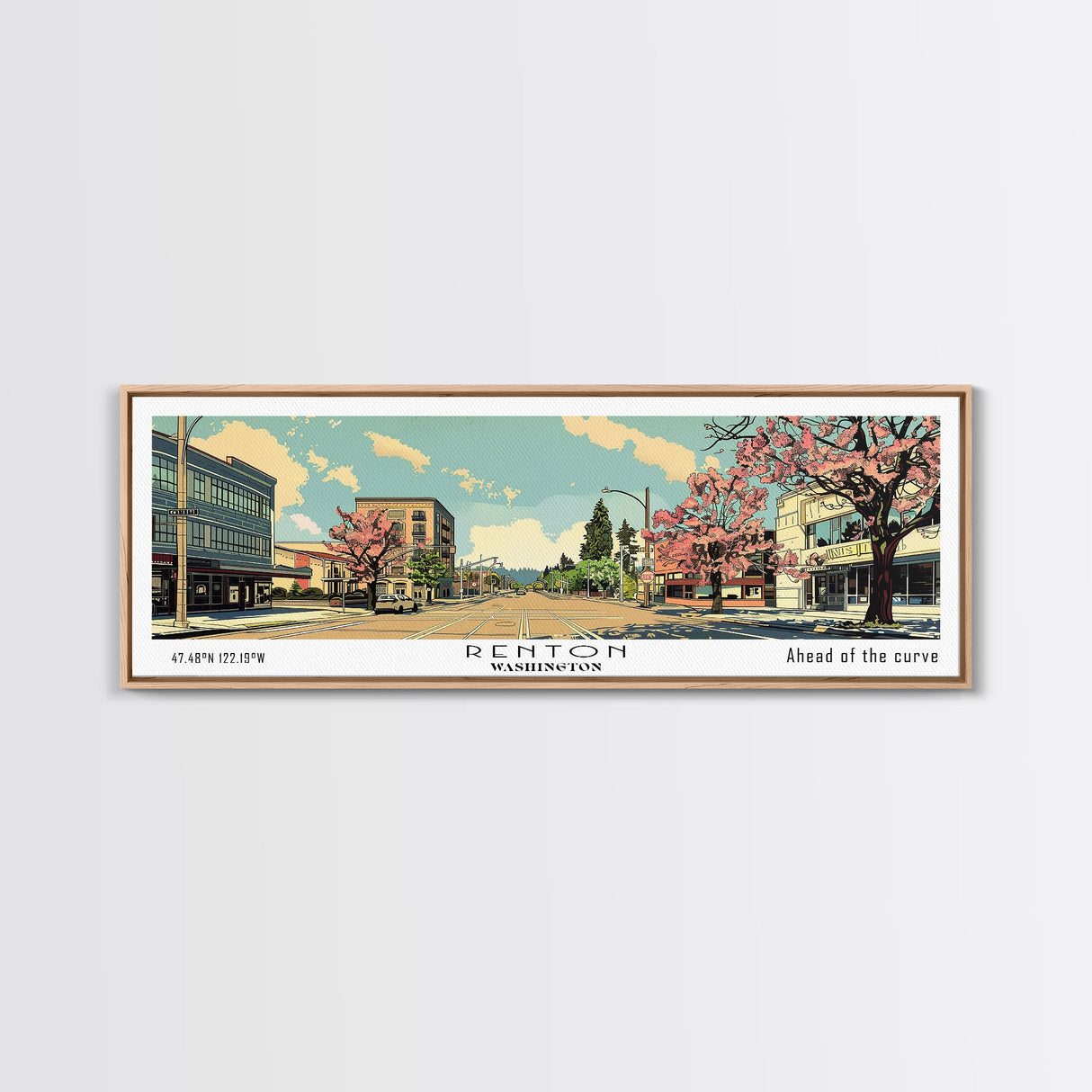 Renton Washington Panoramic Wall Art, Mid Century Modern Framed Canvas Print, Retro Pop Art Travel Poster, City Art, Office Wall Decor, Living Room Art