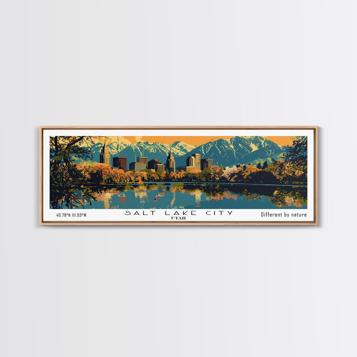 Salt Lake City Utah Panoramic Wall Art, Mid Century Modern Framed Canvas Print, Retro Pop Art Travel Poster, City Art, Office Wall Decor, Living Room Art