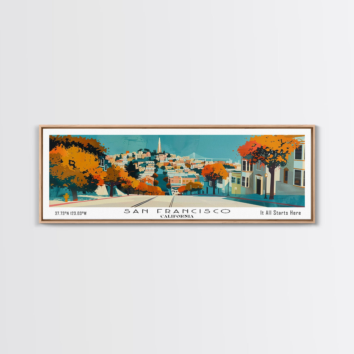 San Francisco California Panoramic Wall Art, Mid Century Modern Framed Canvas Print, Retro Pop Art Travel Poster, City Art, Office Wall Decor, Living Room Art