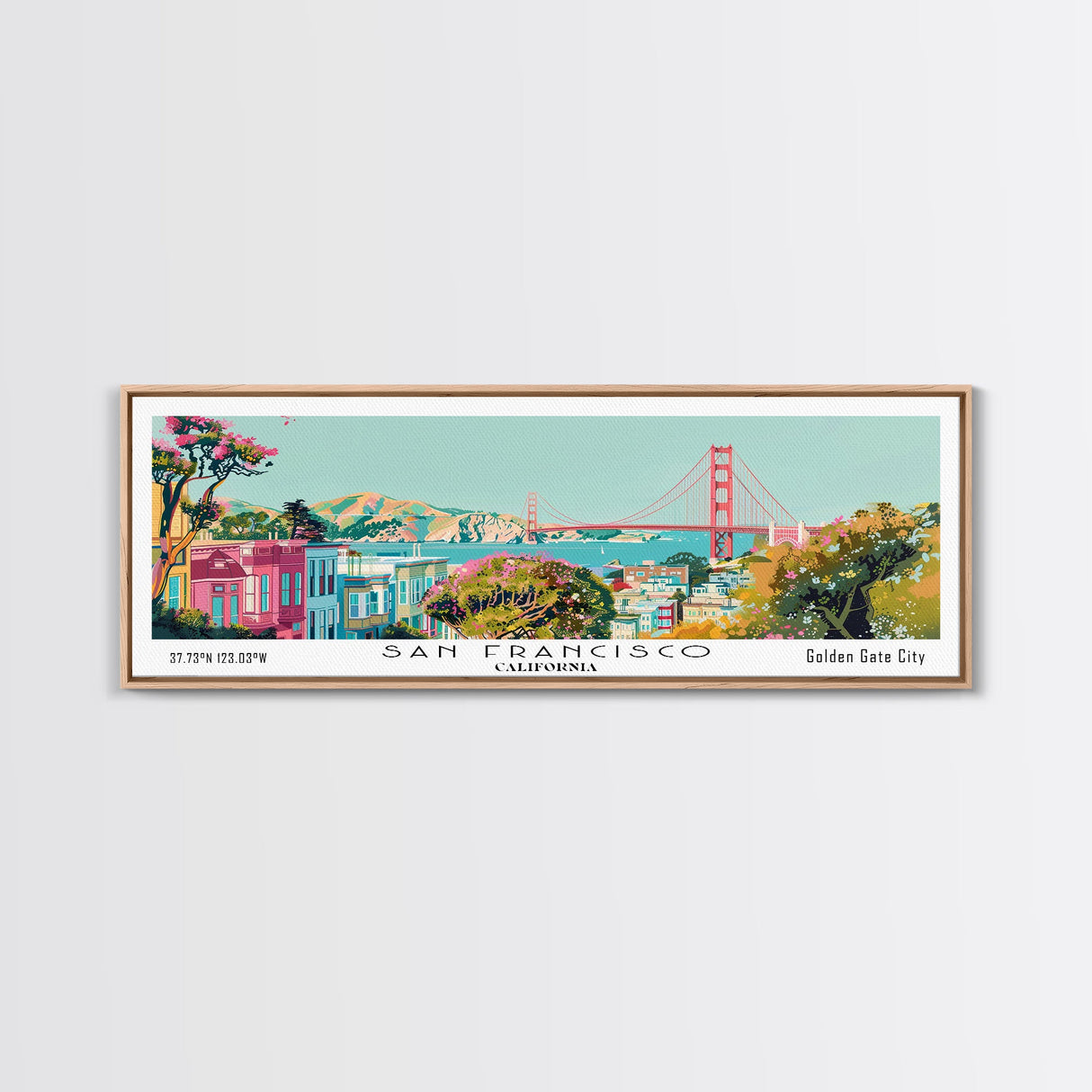 San Francisco California Panoramic Wall Art, Mid Century Modern Framed Canvas Print, Retro Pop Art Travel Poster, City Art, Office Wall Decor, Living Room Art