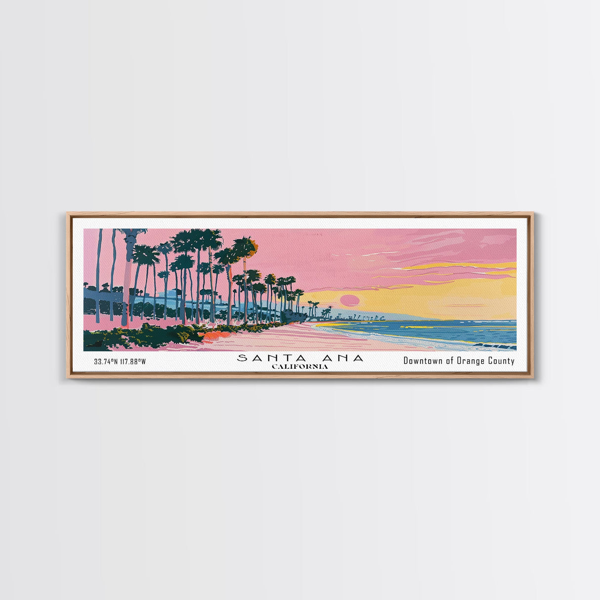 Santa Ana California Panoramic Painting, Mid Century Modern Framed Canvas Print, Retro Pop Art Travel Poster, City Art, Office Wall Decor, Living Room Art