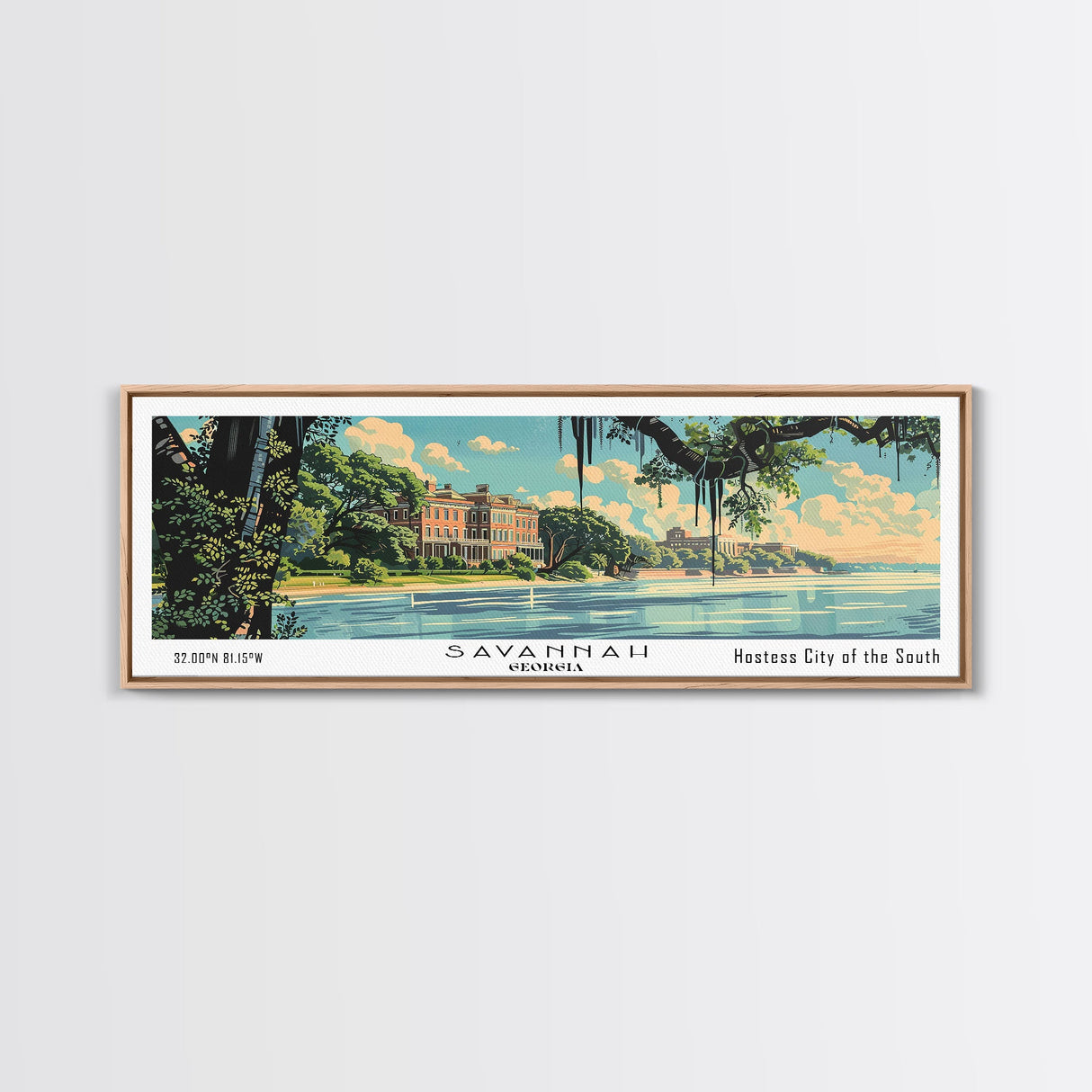 Savannah Georgia Panoramic Wall Art, Mid Century Modern Framed Canvas Print, Retro Pop Art Travel Poster, Living Room and Office Decor