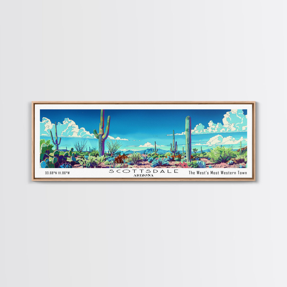 Scottsdale Arizona Panoramic Painting, Mid Century Modern Framed Canvas Print, Retro Pop Art Travel Poster, Wall Hanging for Home Decor