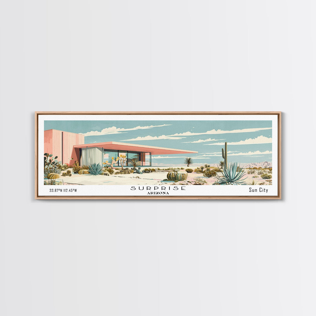 Surprise Arizona Panoramic Wall Art, Mid Century Modern Framed Canvas Print, Retro Pop Art Travel Poster, Office Wall Decor and Gift Idea