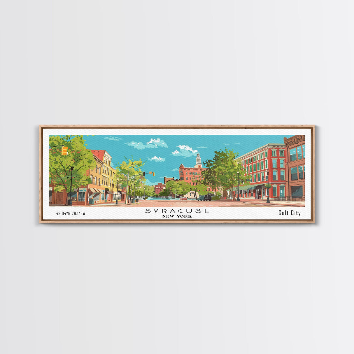 Syracuse New York Panoramic Painting, Mid Century Modern Framed Canvas Print, Retro Pop Art Travel Poster, Home and Office Wall Art Decor