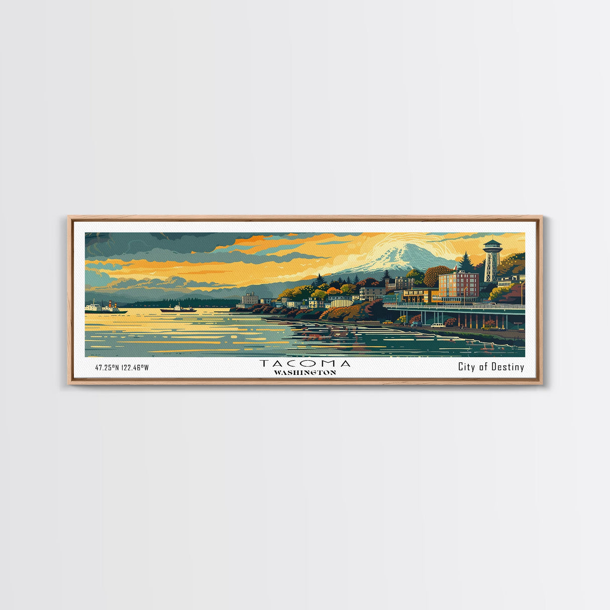 Tacoma Washington Panoramic Painting, Mid Century Modern Framed Canvas Print, Retro Pop Art Travel Poster, Wall Hanging for Home Decor