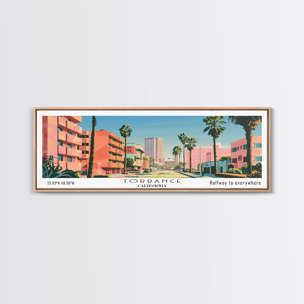 Torrance California Panoramic Wall Art, Mid Century Modern Framed Canvas Print, Retro Pop Art Travel Poster, Living Room and Office Decor