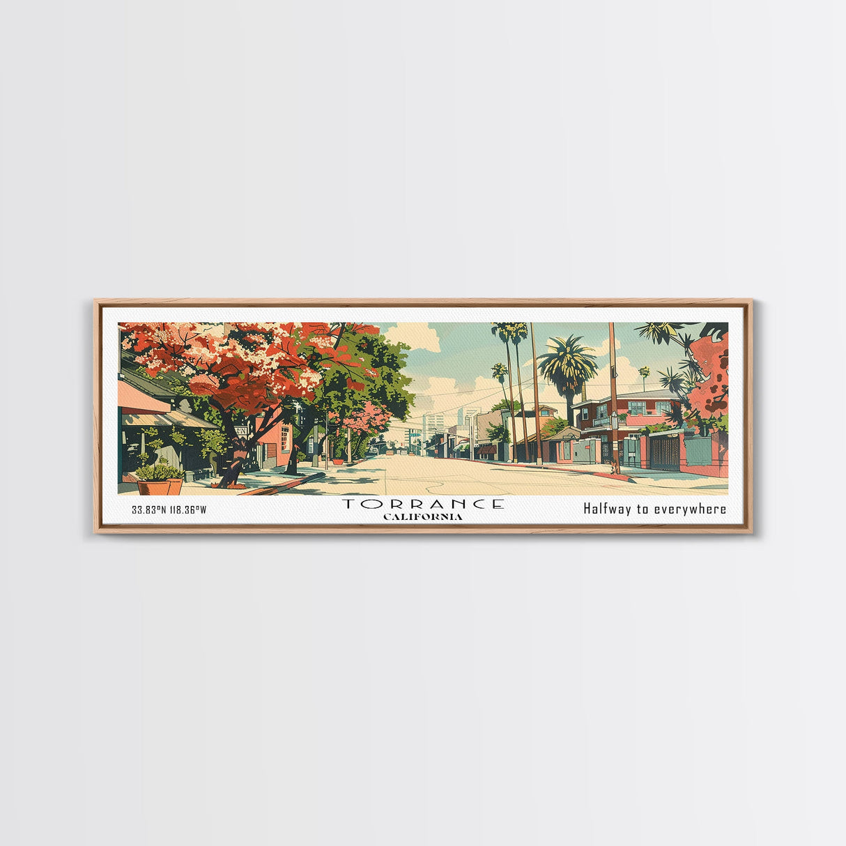 Torrance California Panoramic Painting, Mid Century Modern Framed Canvas Print, Retro Pop Art Travel Poster, Wall Hanging for Home Decor