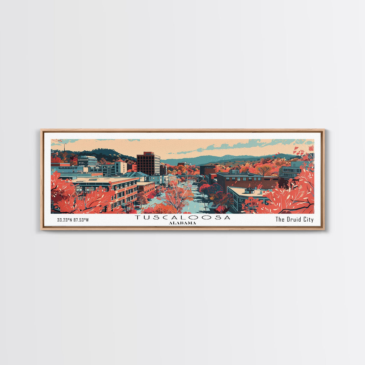 Tuscaloosa Alabama Panoramic Art, Mid Century Modern Framed Canvas Print, Retro Pop Art Travel Poster, Office Wall Art, Home Decoratio