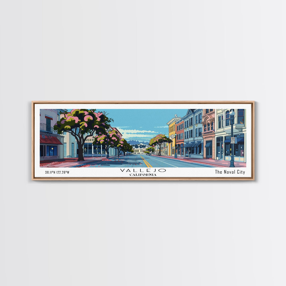 Vallejo California Panoramic Painting, Mid Century Modern Framed Canvas Print, Retro Pop Art Travel Poster, Office Wall Art, Home Decoration