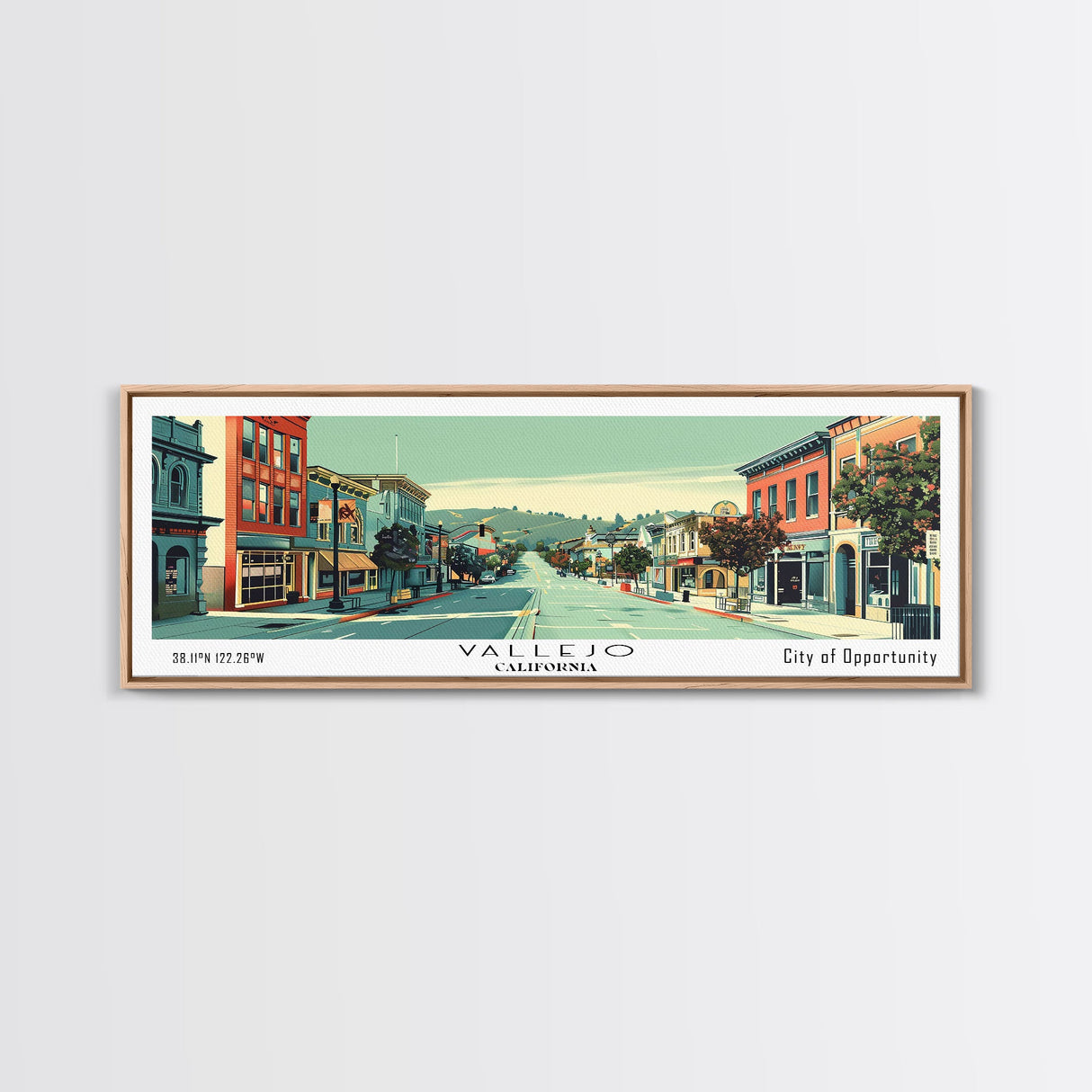 Vallejo California Panoramic Art, Mid Century Modern Framed Canvas Print, Retro Pop Art Travel Poster, City Print, Living Room Wall Decor