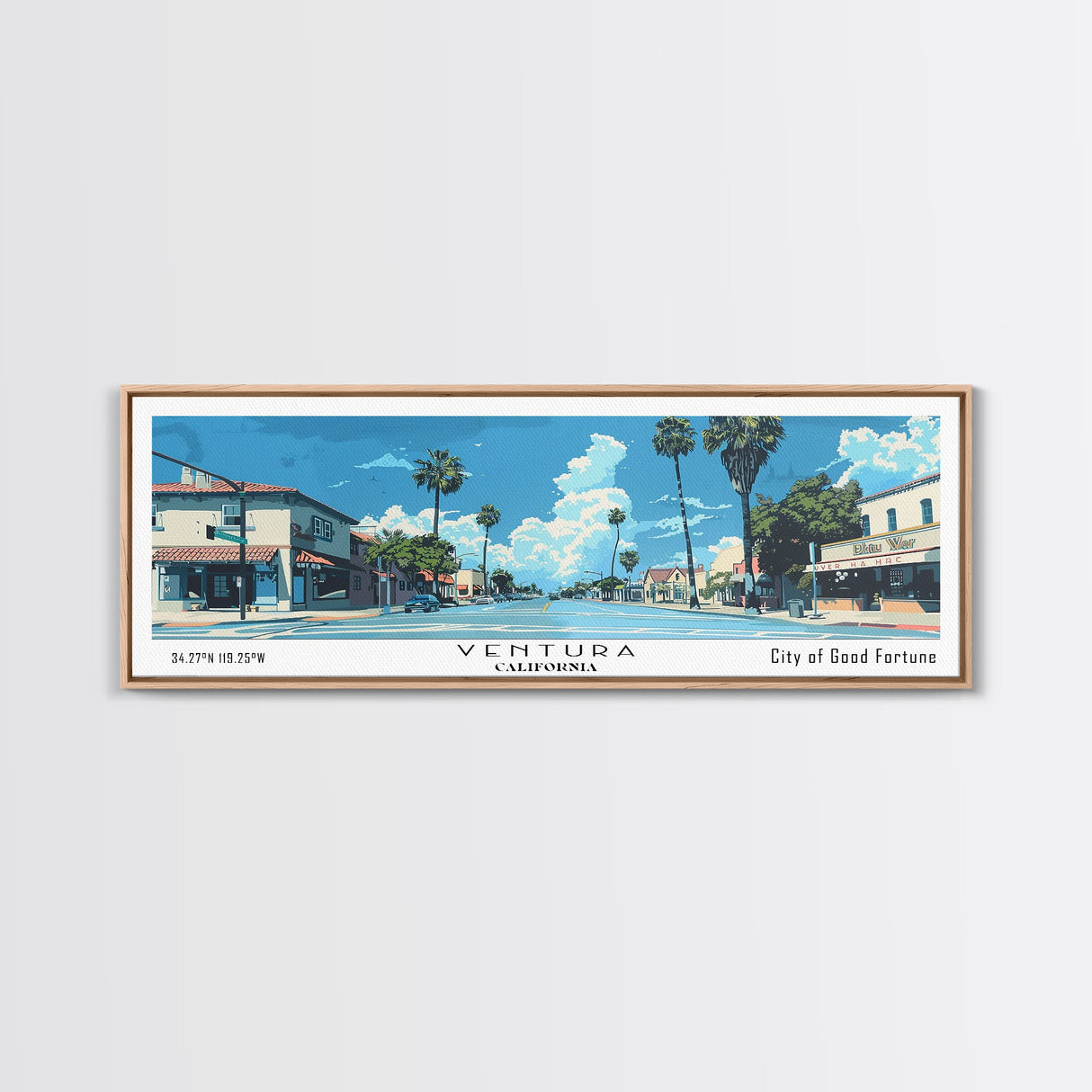 Ventura California Panoramic Painting, Mid Century Modern Framed Canvas Print, Retro Pop Art Travel Poster, City Print, Office Wall Art